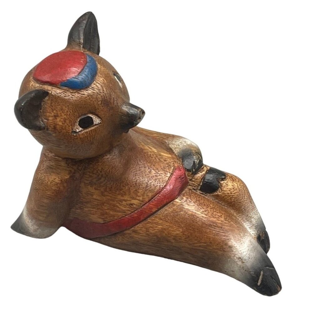 Wooden pig laying on back hat belt wood red black blue brown width 7X4.5" READ